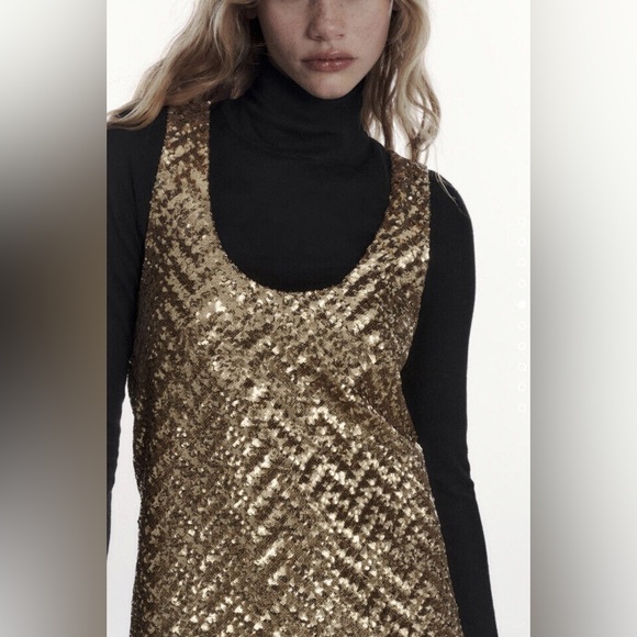 NWT ZARA Gold Sequin Sparkling Mini Dress Short Sleeveless Sack Round Neck - Picture 10 of 15